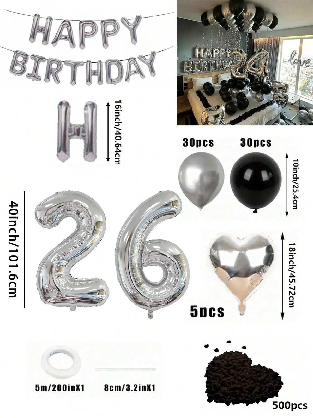 A kit for a balloon garland featuring silver and black foil numbers, including balloons and chocolate powder.