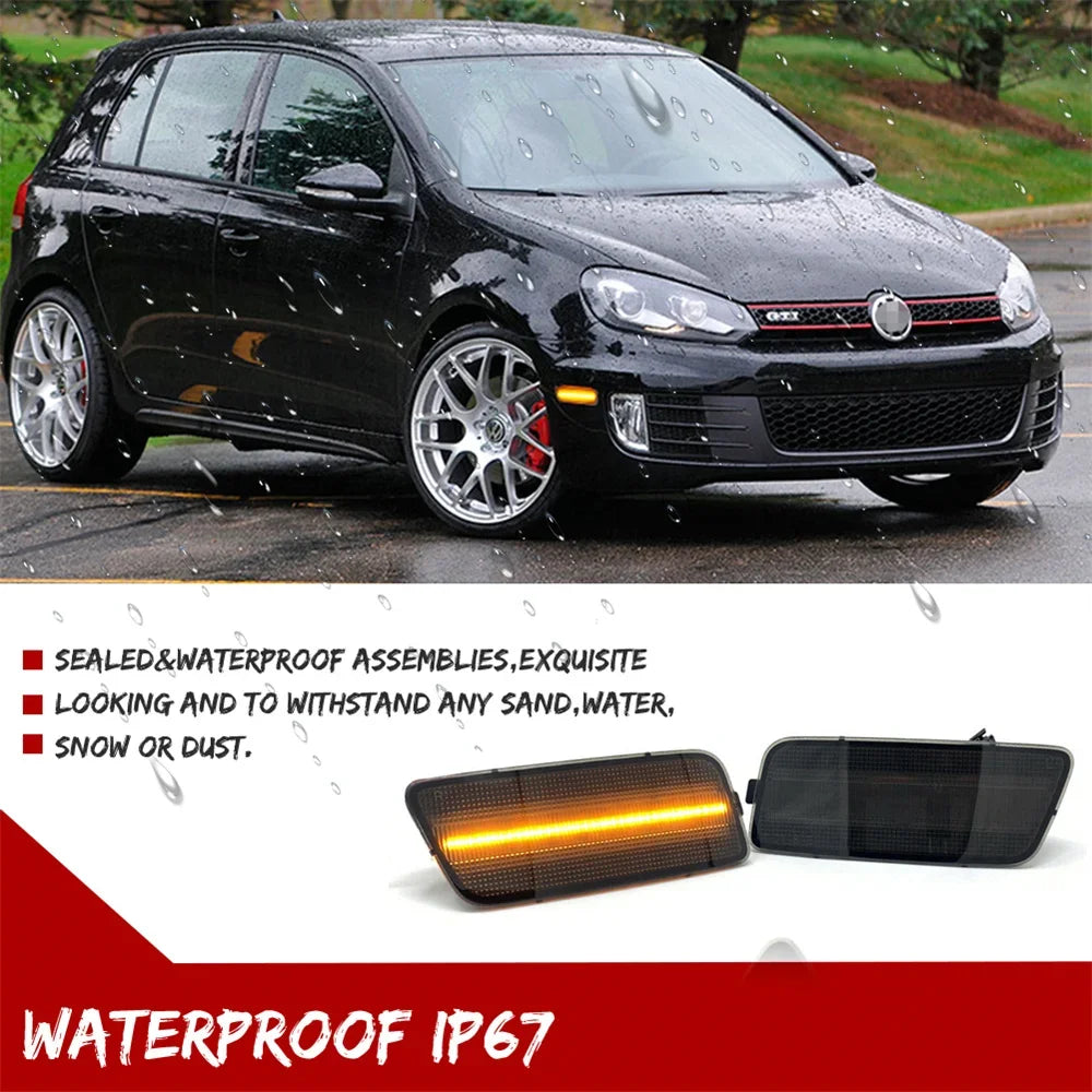 LED front side marker lights for Volkswagen MK6 GTI showing installed and uninstalled versions.