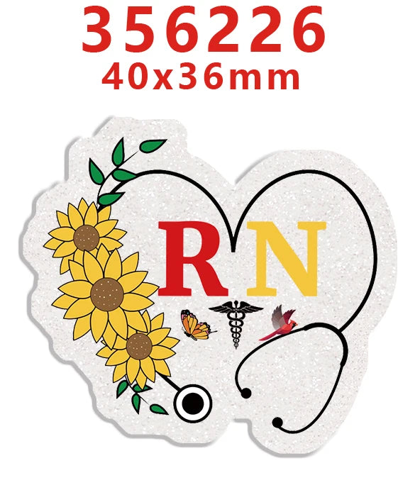 Glitter acrylic nurse badge charms set featuring a sunflower and a stethoscope design.