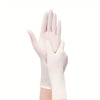A pair of disposable, light pink nitrile gloves shown against a white background.