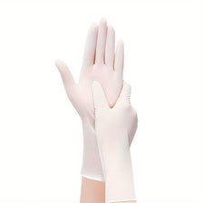 A pair of disposable, light pink nitrile gloves shown against a white background.