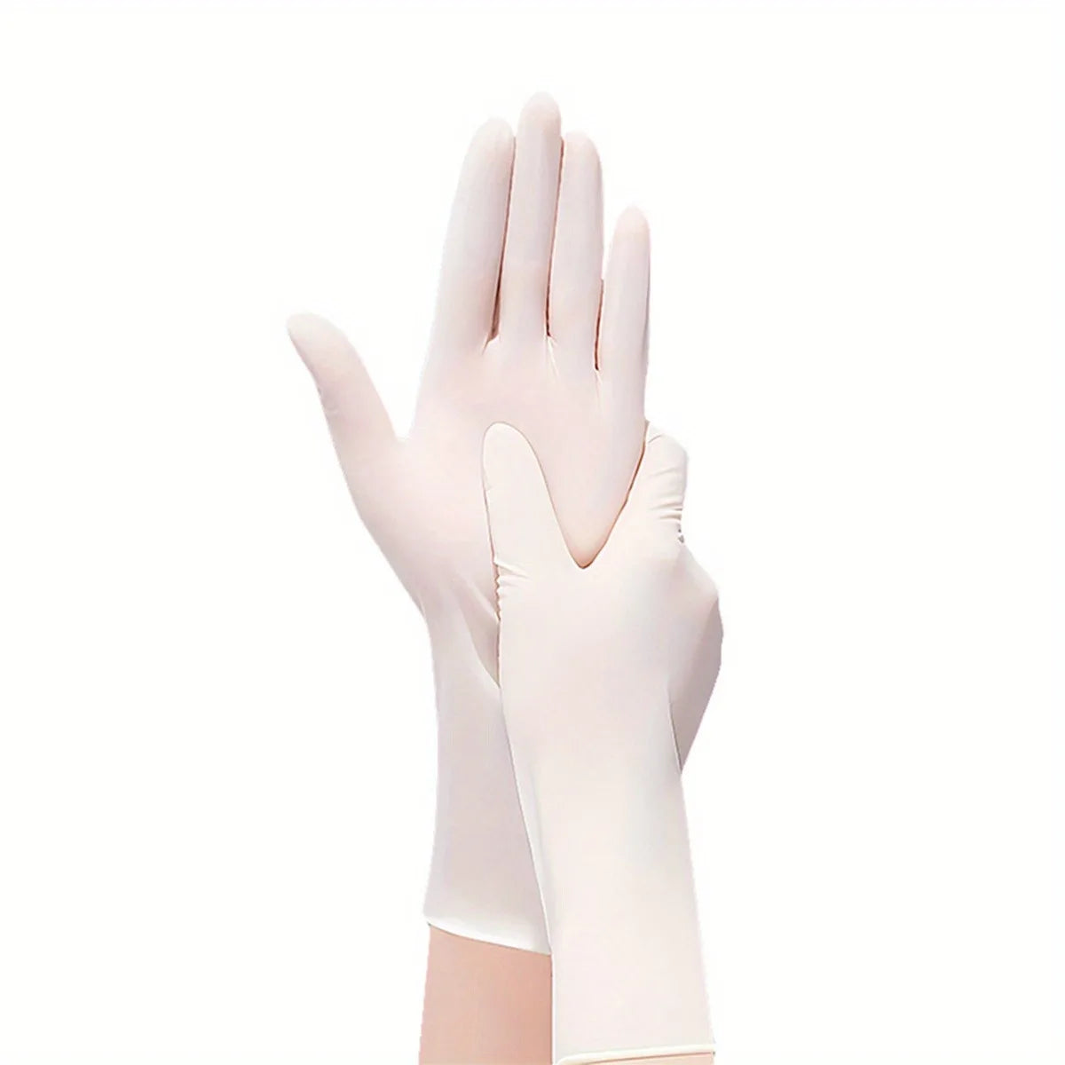 A pair of disposable, light pink nitrile gloves shown against a white background.