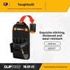 A black Toughbuilt tool belt pouch with exquisite stitching and a customized tape measure clip.