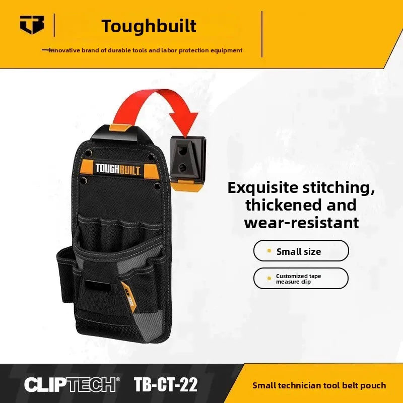A black Toughbuilt tool belt pouch with exquisite stitching and a customized tape measure clip.