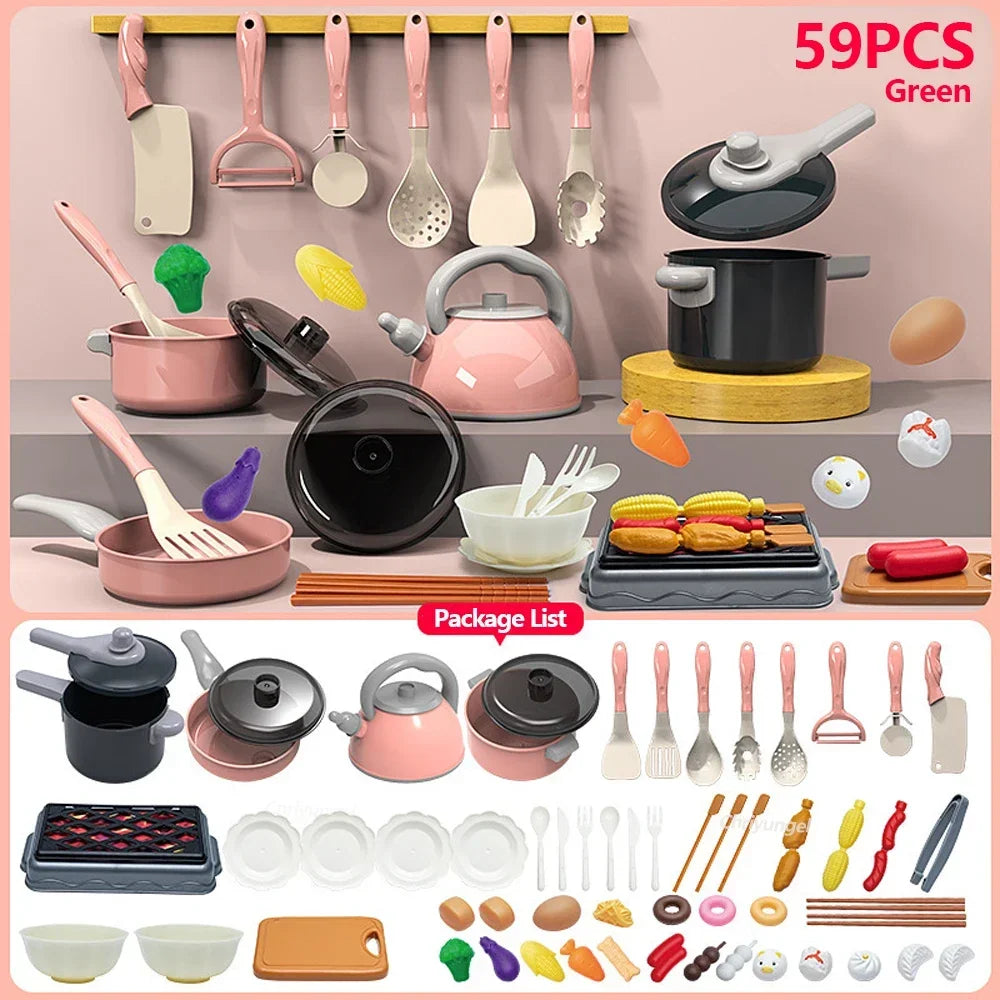 A collection of 59 green kids pretend play kitchen cooking set including pots, pans, utensils, and various food items.