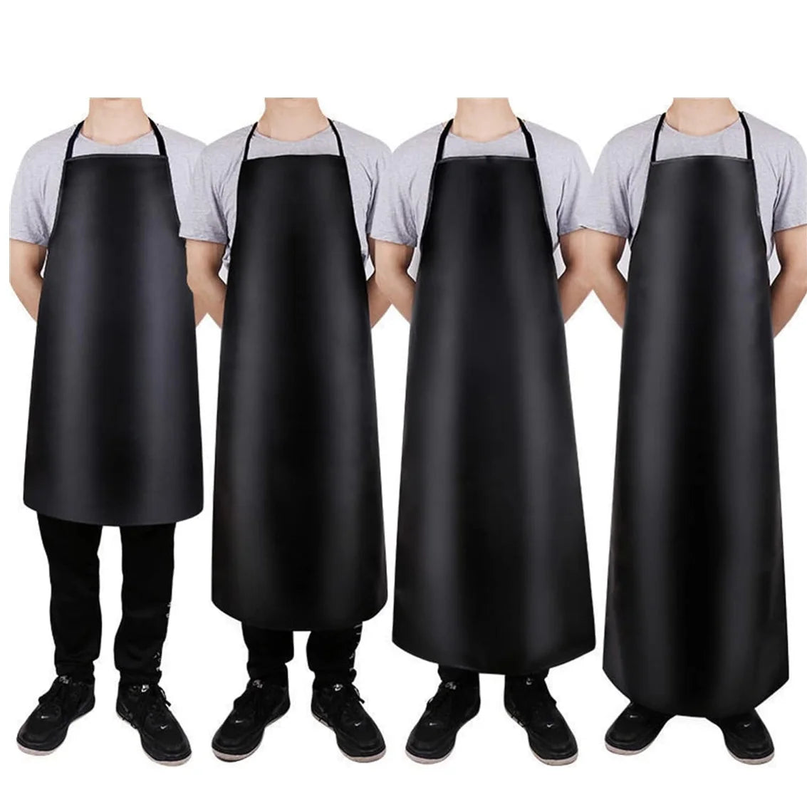 A black PU leather waterproof apron shown on a person, suitable for kitchen and cleaning tasks.