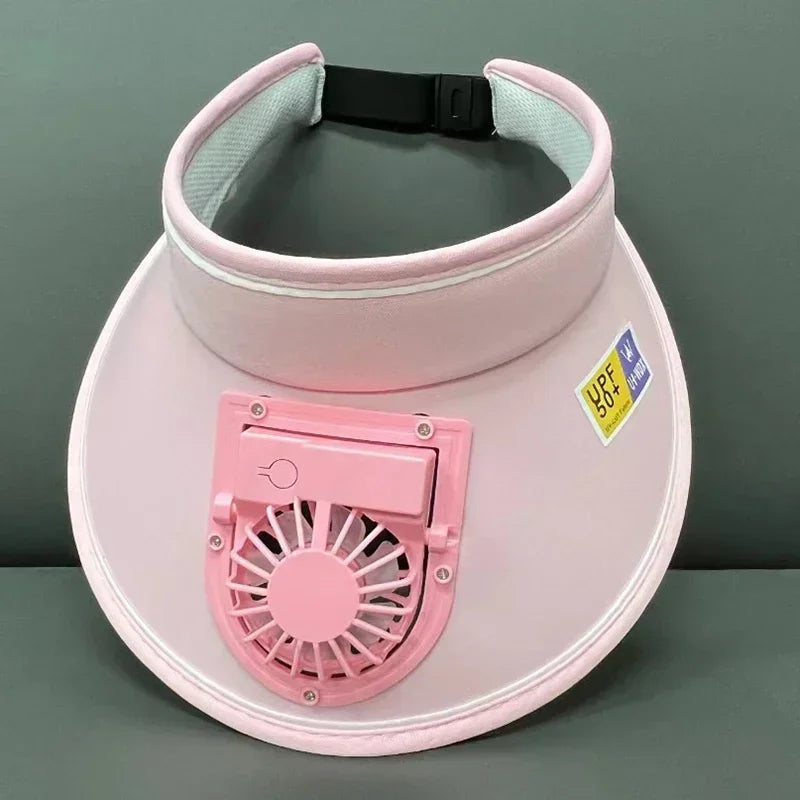 Pink USB rechargeable cooling fan hat with a black strap and a circular grille.