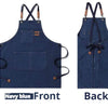 Navy blue cotton canvas apron shown from the front and back views.