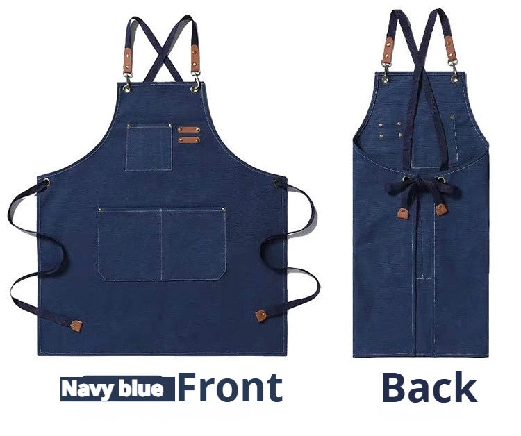 Navy blue cotton canvas apron shown from the front and back views.