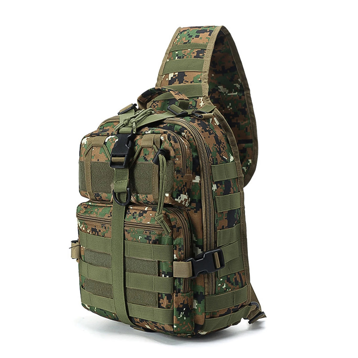 Olive drab camouflage crossbody chest bag with multiple zipper compartments and a MOLLE system