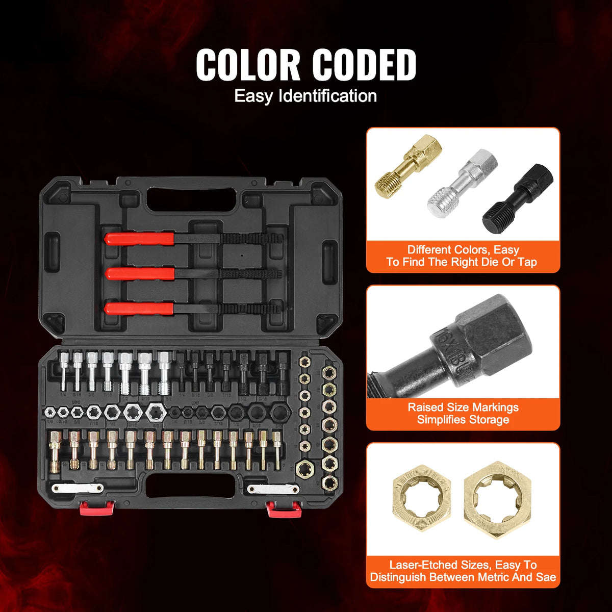 A black thread repair kit showing various tools and markings for easy identification and storage.
