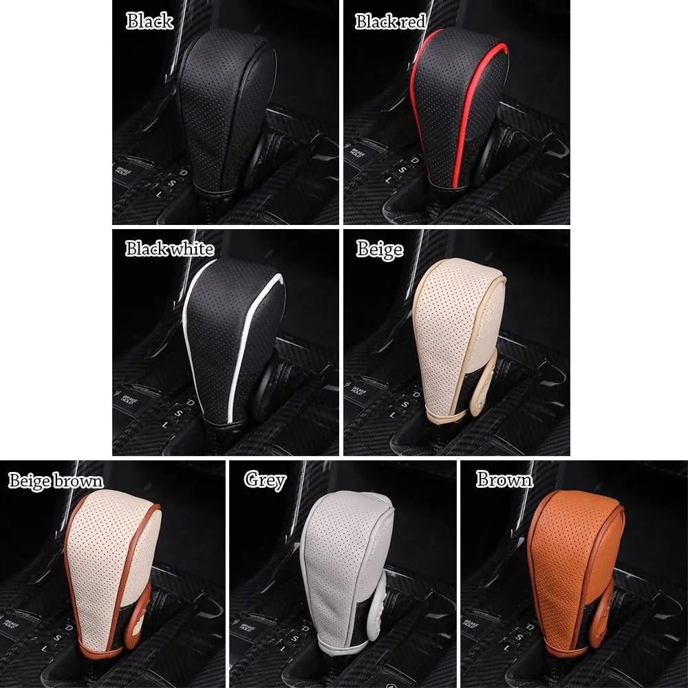 A set of leather gear shift knob covers in black, black red, black white, beige, grey, and brown colors shown individually.