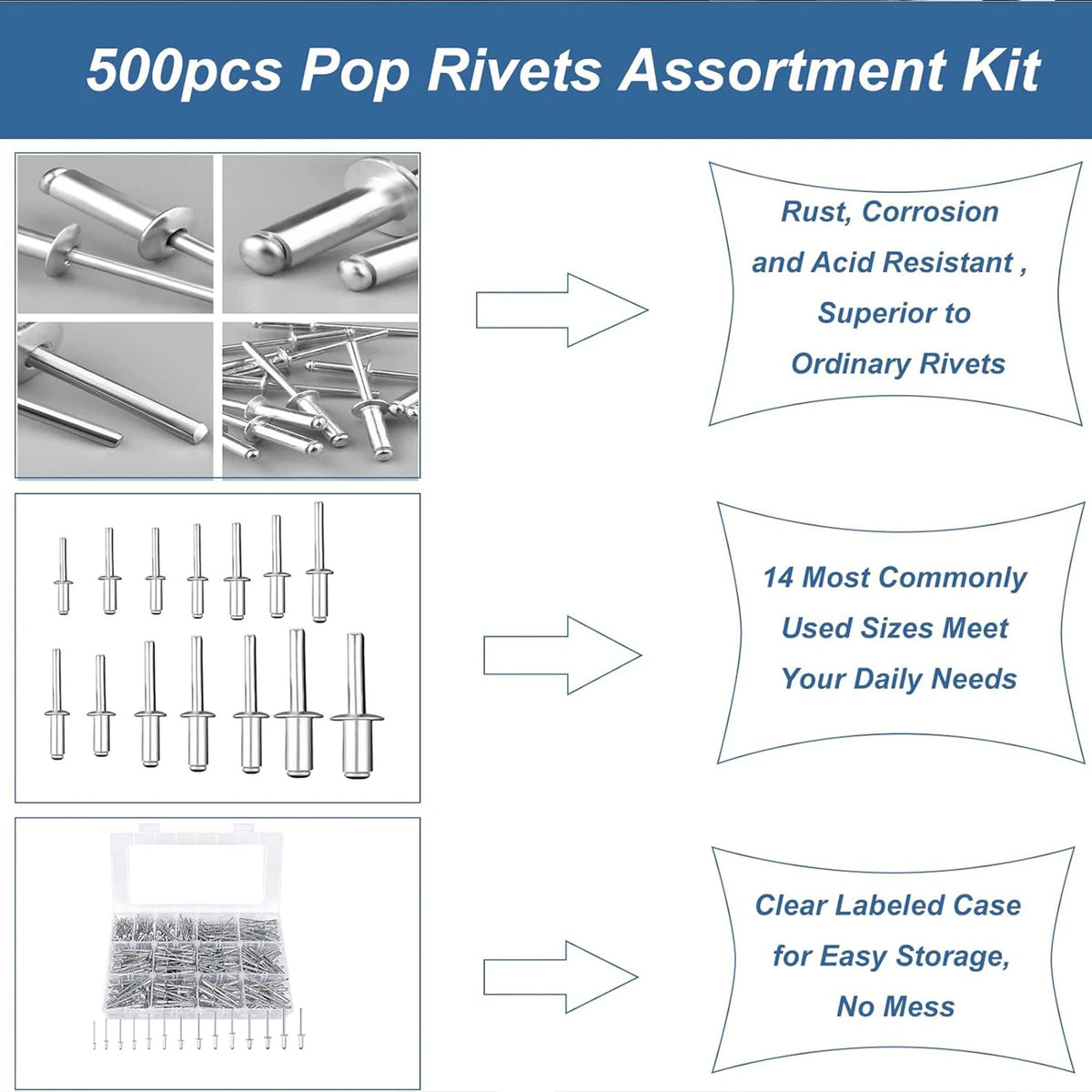 Aluminum Pop Rivets Assortment Kit – 14 Sizes, 120/200 Count