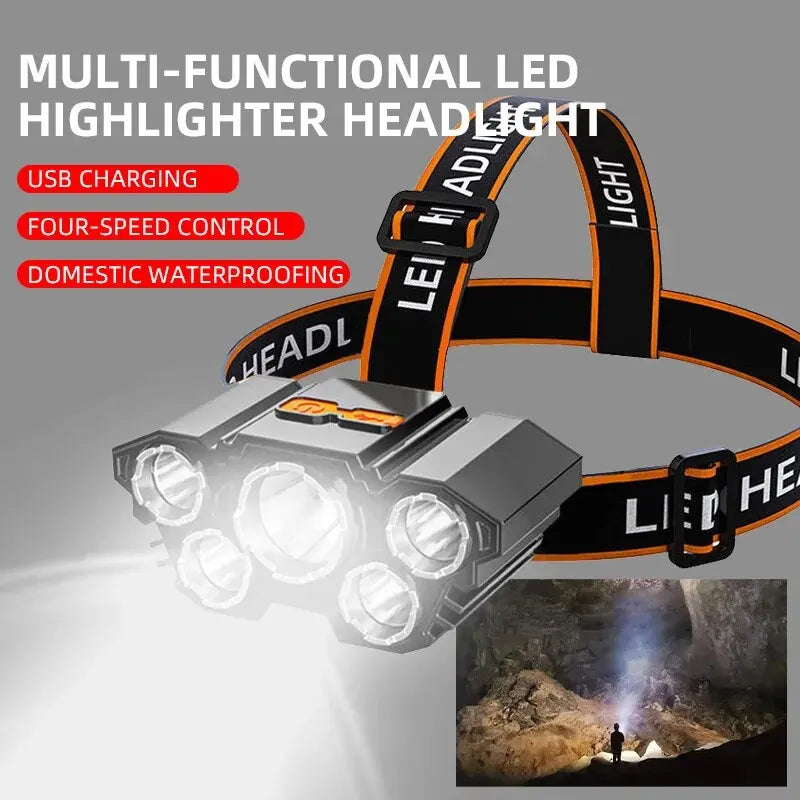 A multi-functional LED highlighter headlight is shown illuminating a dark outdoor scene.