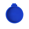 A blue reusable silicone food storage lid with a rounded shape and a small protrusion.