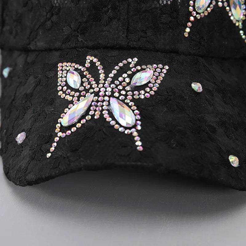 Lace Butterfly Snapback Cap with Rhinestone Accents