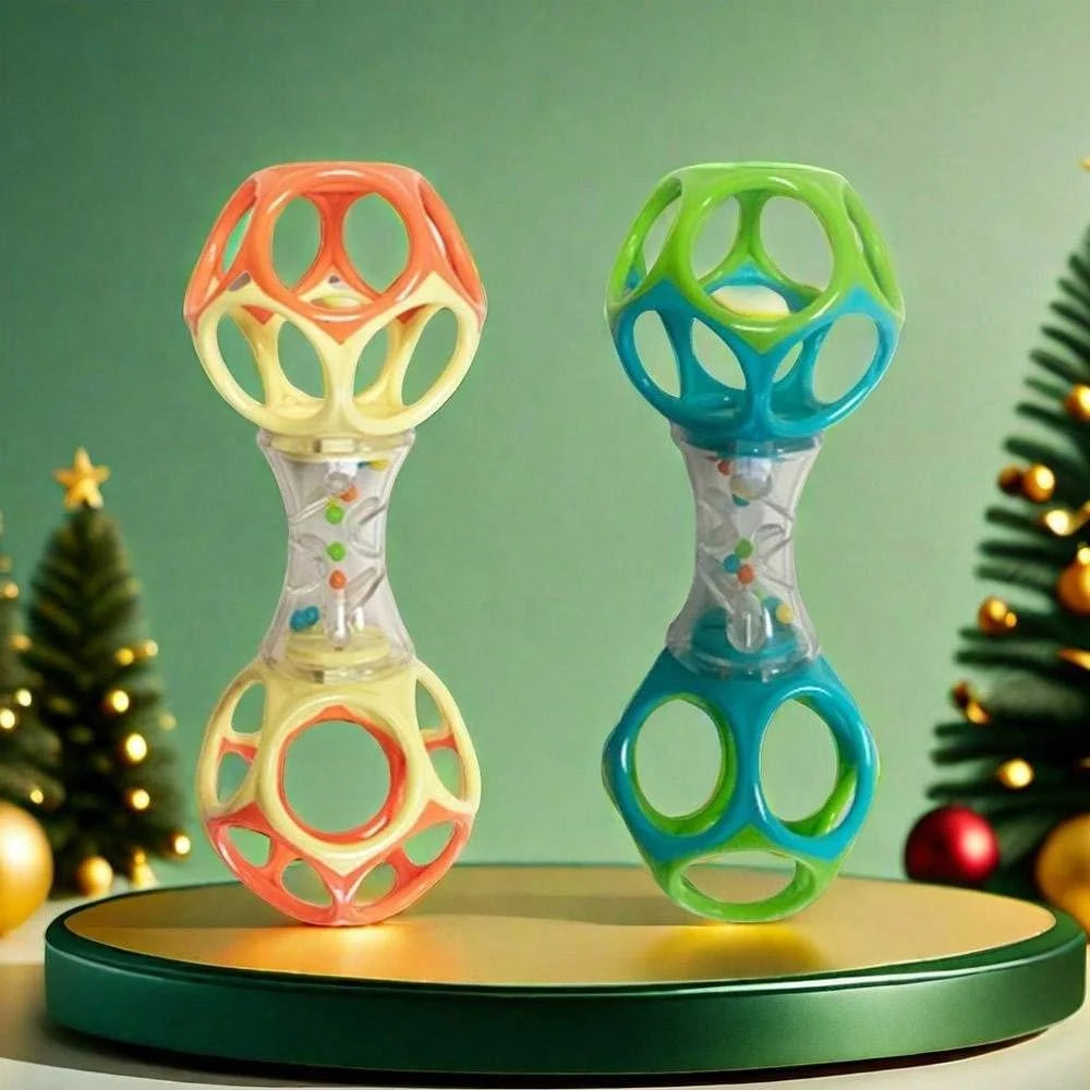 A pair of colorful baby rattle toys with soft teether beads in orange and green on a wooden stand.