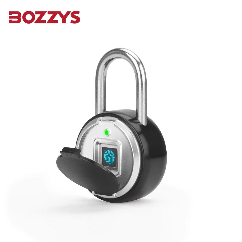 A close-up view of a black fingerprint pad lock with a silver shackle and an electronic keypad.