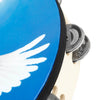Close-up of a blue and white wooden hand tambourine with steel jingles.