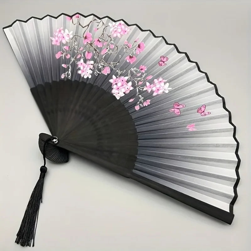 Vintage Floral Hand Fan with Cherry Blossom Artwork