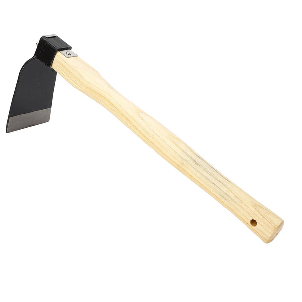 An ergonomic garden hand hoe with a black blade and a light wooden handle.