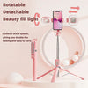 Pinke, rotierbare und abnehmbare Beauty-Fill-Lampe, montiert auf einem Selfie-Stab mit Bluetooth-Fernbedienung.