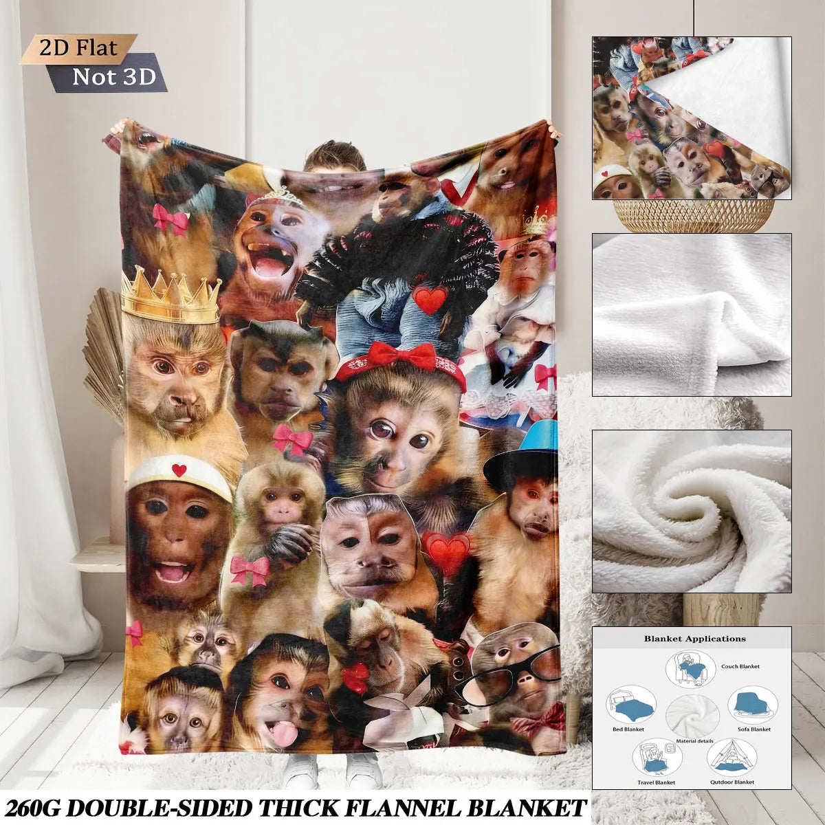 Funny Monkey Print Flannel Blanket – Soft & Cozy Throw