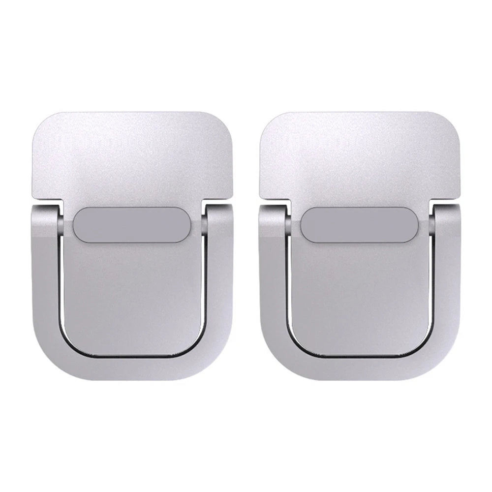 A pair of silver aluminum portable laptop stands with adjustable legs.
