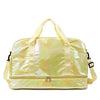 A pale yellow satin duffel bag with light green iridescent sheen and matching fabric handles.