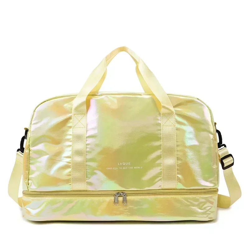 A pale yellow satin duffel bag with light green iridescent sheen and matching fabric handles.