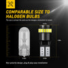 A comparison showing a T10 LED bulb and a halogen bulb, highlighting their comparable size for easy installation.