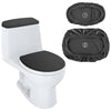 A white toilet with a black seat and a separate black stretchable tank cover shown next to the components.