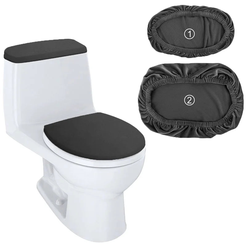 A white toilet with a black seat and a separate black stretchable tank cover shown next to the components.