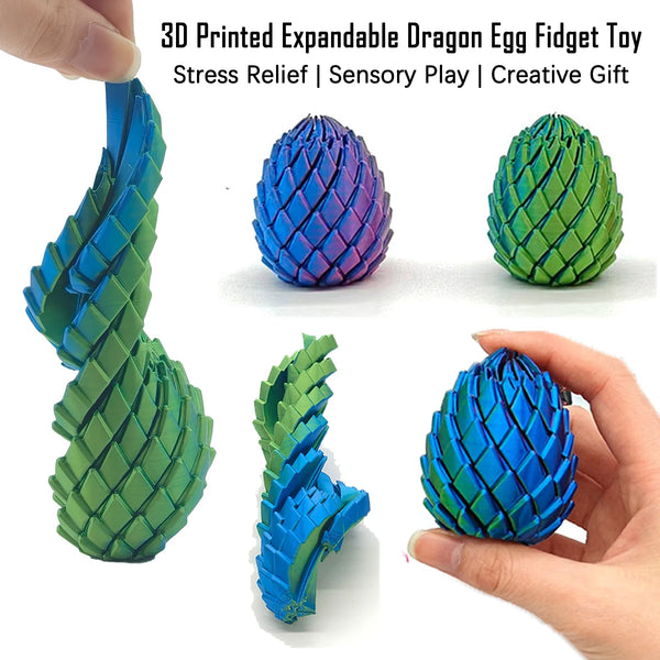 A hand holds a 3D printed expandable dragon egg fidget toy in various colors and forms.