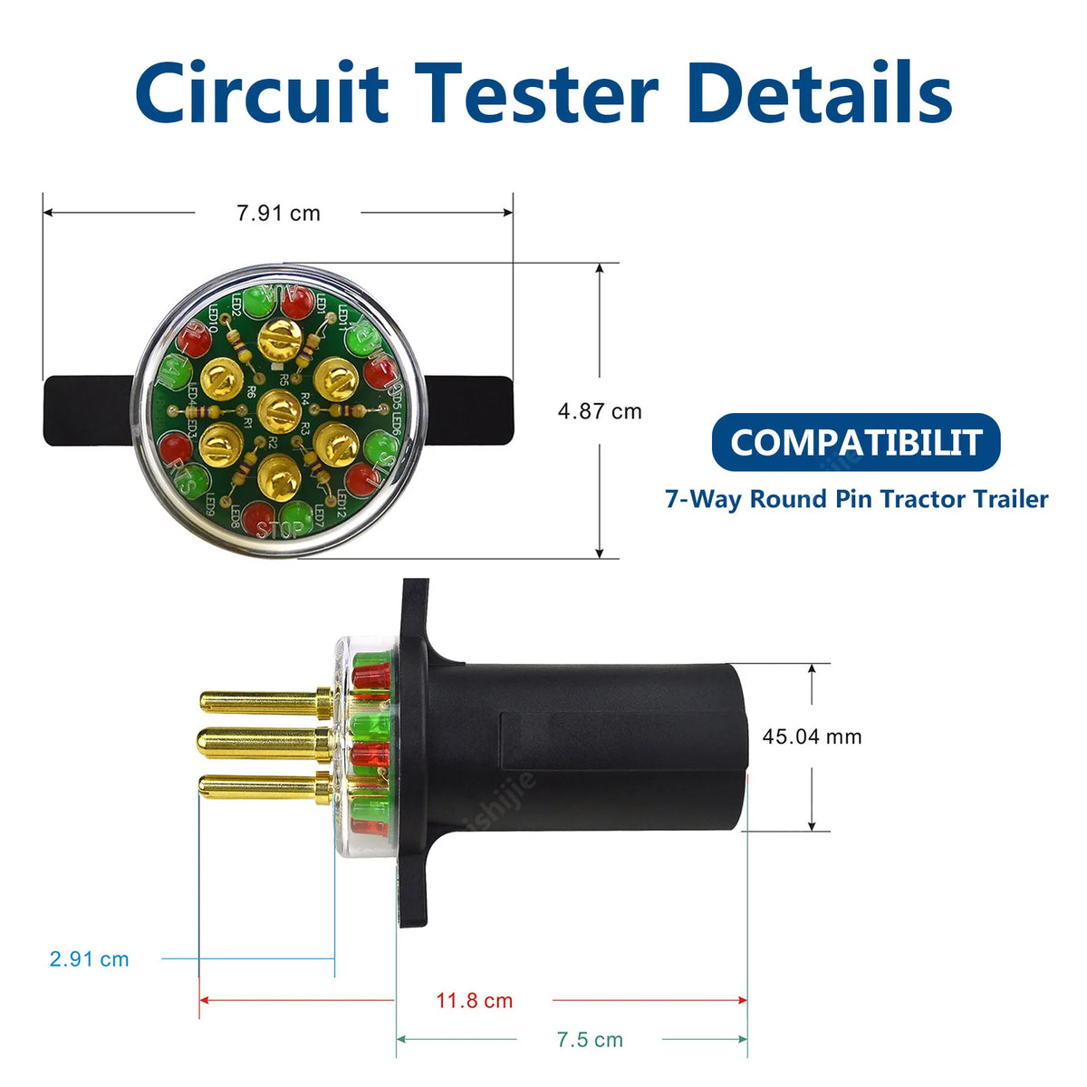 7-Way Round Pin Trailer Circuit Tester for Semi-Trucks