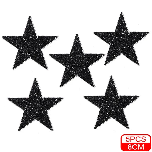 Five black glitter rhinestone star patches for clothing and accessories