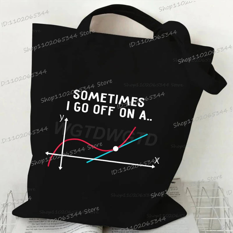Black canvas tote bag featuring a line graph diagram with a dot on a coordinate plane.
