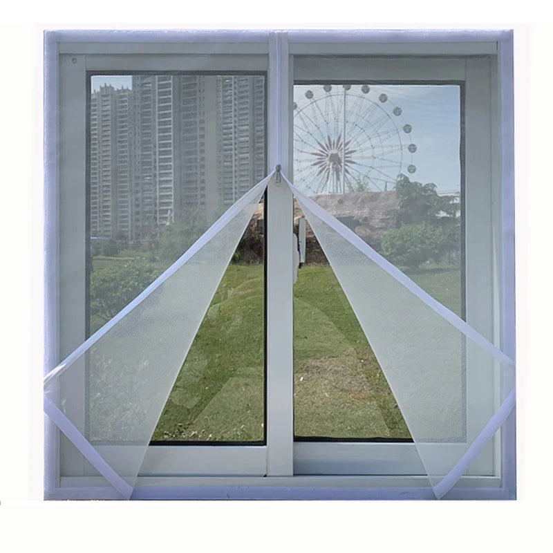 A white self-adhesive window screen mesh with a zipper is installed in a window, covering the view outside.