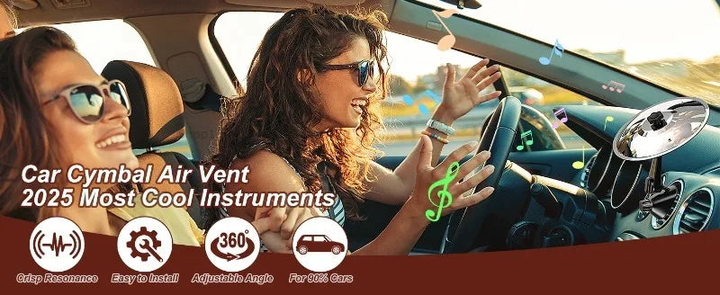 A woman is driving a car with musical instrument decorations installed in the interior vent.