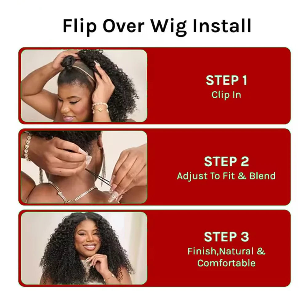 Instructions for flipping over a wig install showing three steps: Clip In, Adjust To Fit & Blend, and Finish, Natural & Comfo
