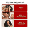 Instructions for flipping over a wig install showing three steps: Clip In, Adjust To Fit & Blend, and Finish, Natural & Comfo