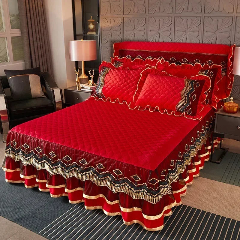 Crystal Velvet Gold Lace Bed Skirt with Anti-Slip Base