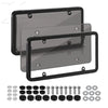 A set of tinted license plate protectors, including a main plate and mounting brackets, with various hardware components.