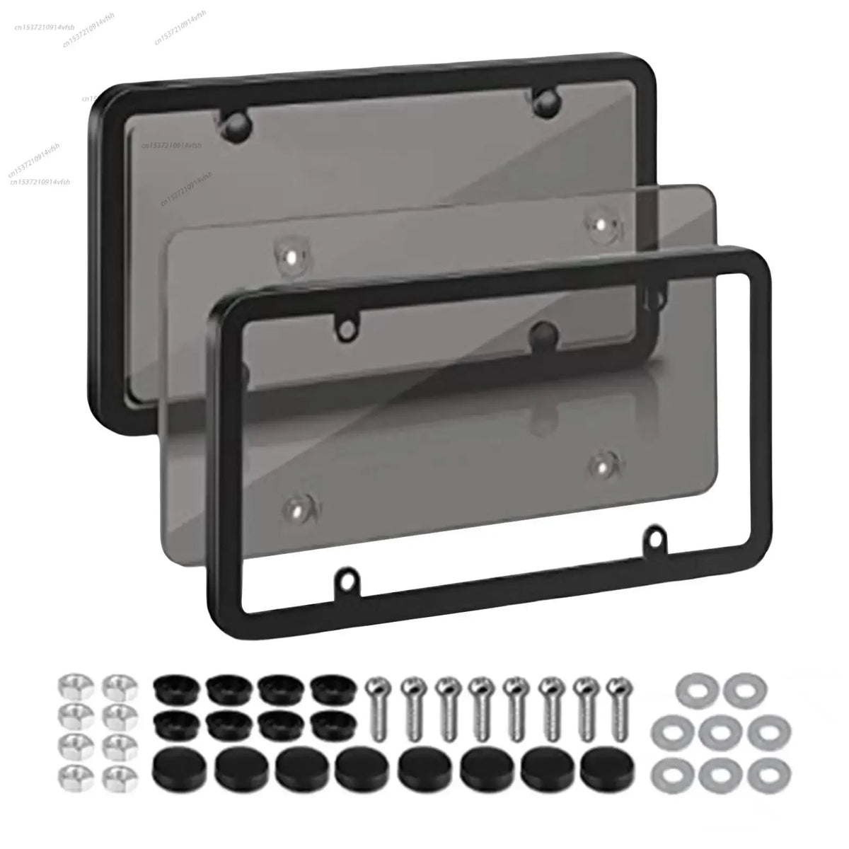 A set of tinted license plate protectors, including a main plate and mounting brackets, with various hardware components.