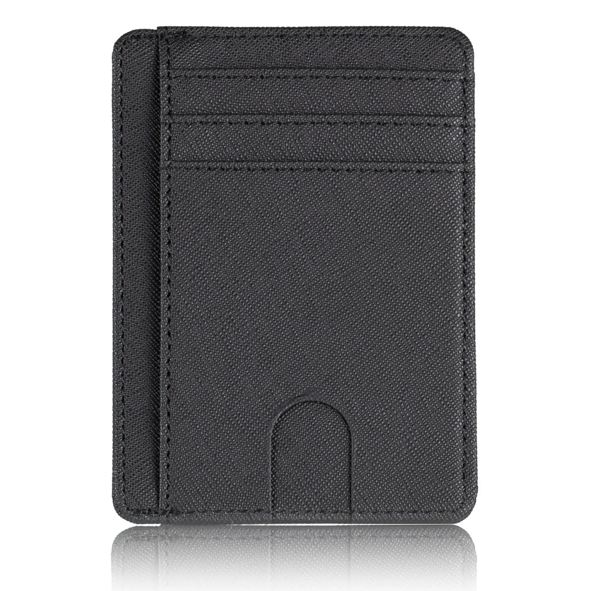 Black slim leather wallet with RFID blocking protection shown from the front