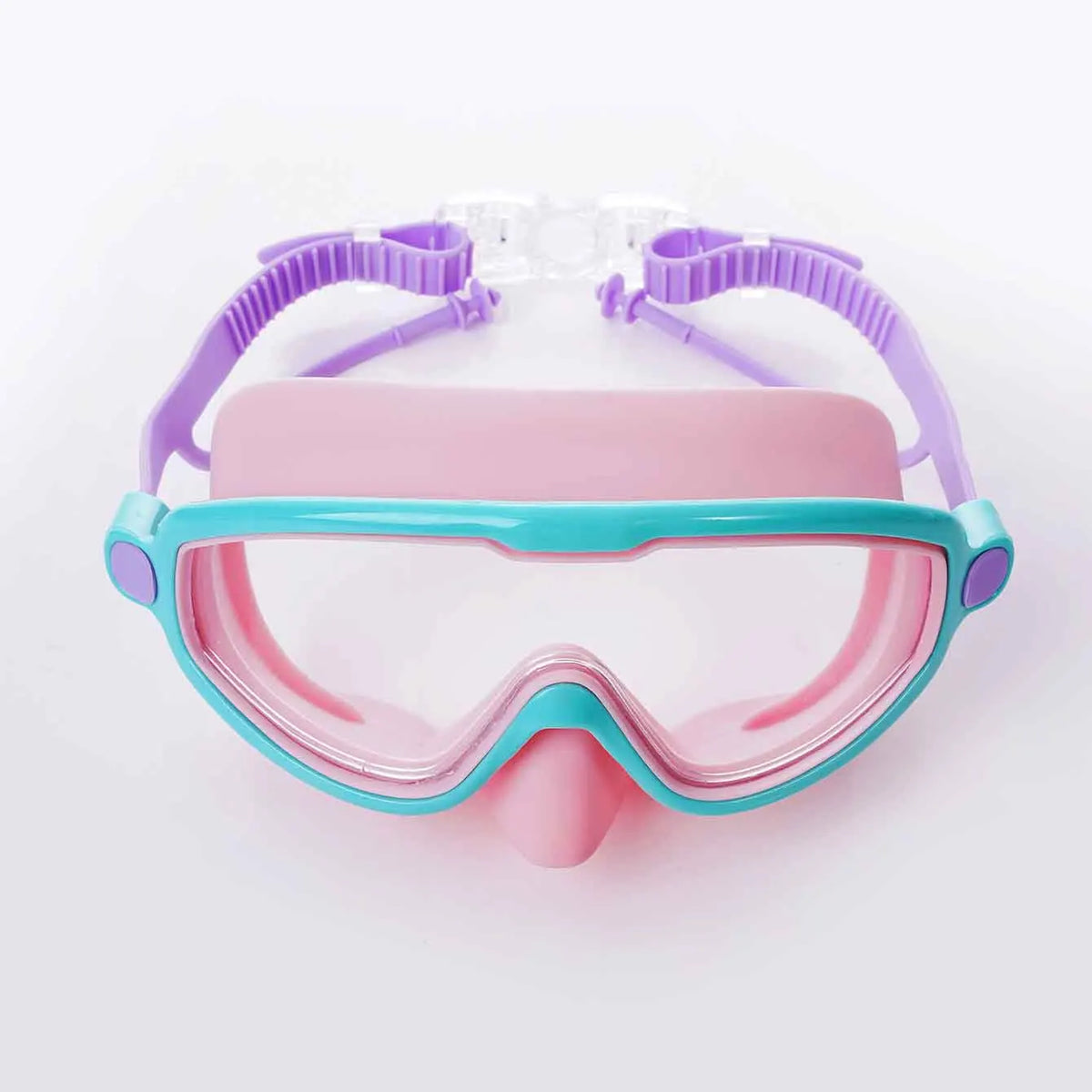 Lunettes de natation larges rose et sarcelle avec sangle violette et protection UV