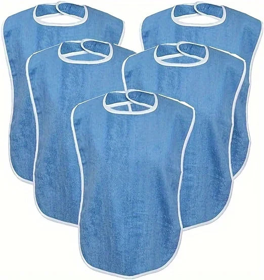 Three light blue flannel bibs designed for adult care