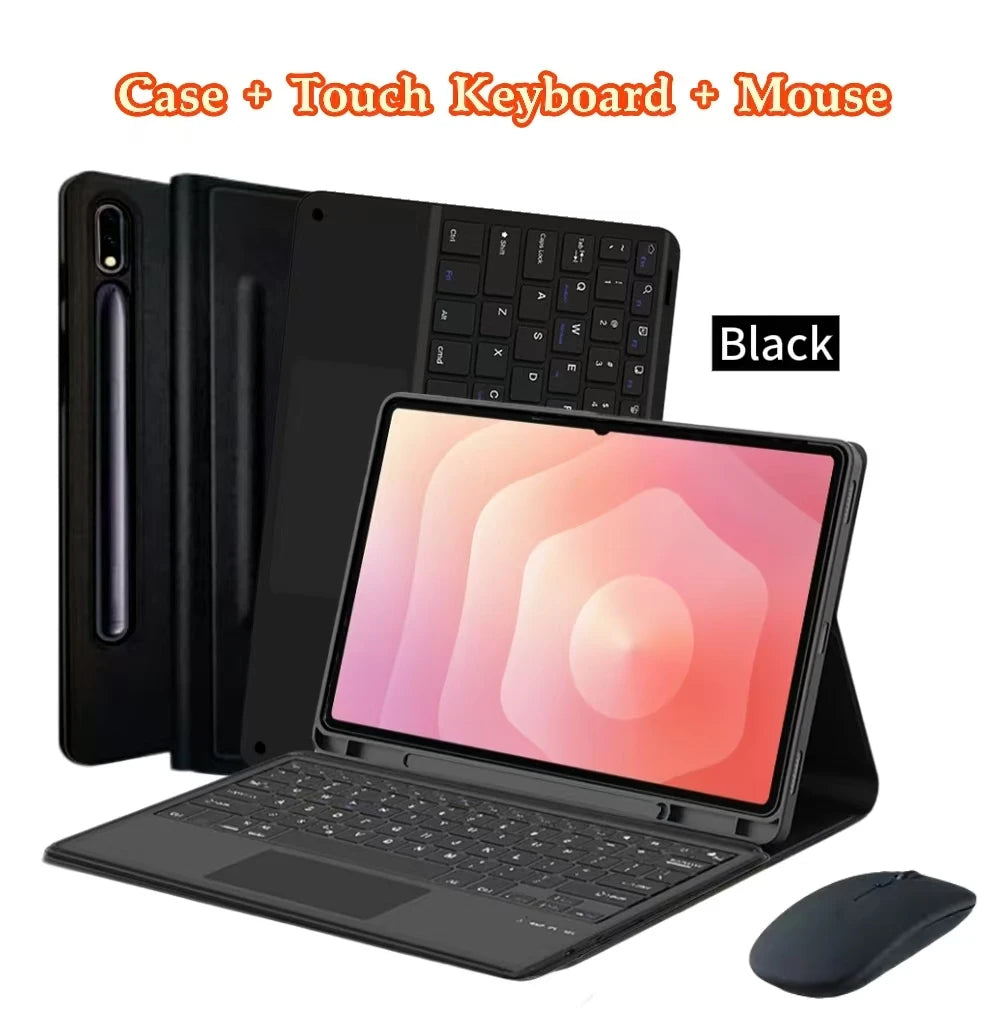 Black tablet case with a keyboard and mouse shown next to the device.