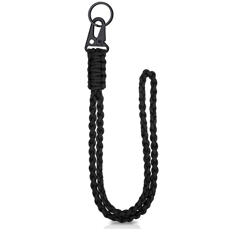 Black heavy duty 550 paracord neck lanyard with a metal clip.