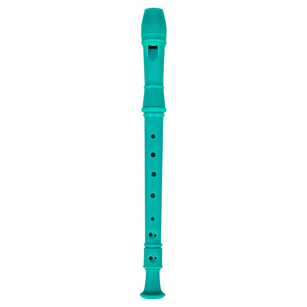 Teal soprano recorder with a cleaning rod